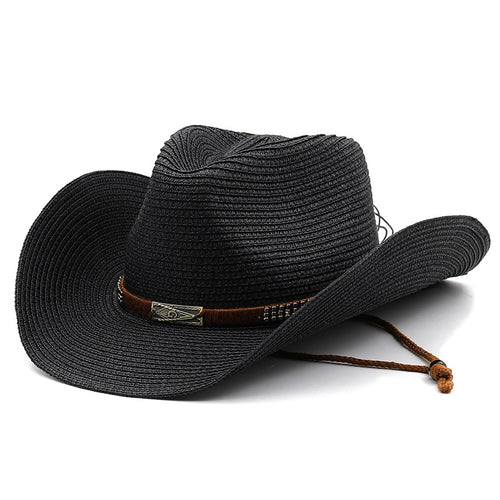 Classic Denim Straw Hat with Wide Brim
