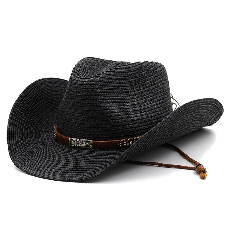 Classic Denim Straw Hat with Wide Brim